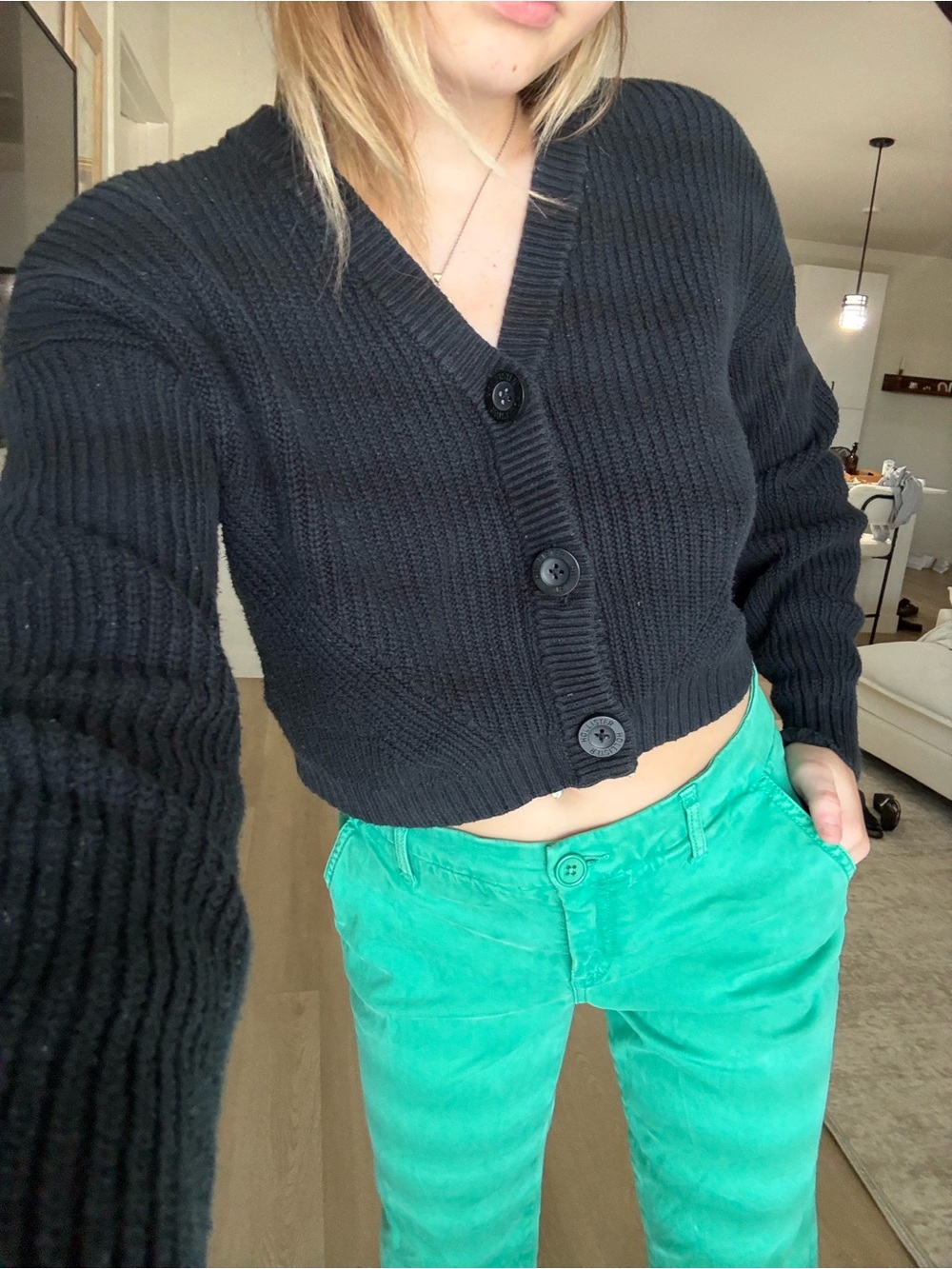 Hollister Black Cropped Rib-Knit Button Cardigan
